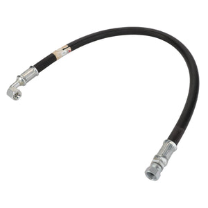 Introducing the AGCO | Hydraulic Hose - Acp0004450. This black, flexible hydraulic hose is designed with metal fittings on both ends, featuring a right-angle fitting on one end and a straight fitting on the other. The detailed product description ensures customers know exactly what to expect, even if specific details might be unavailable.