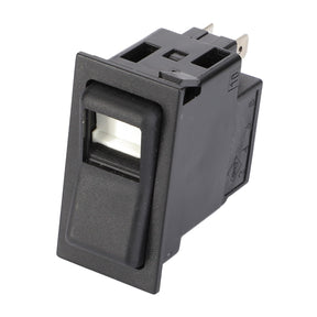 The AGCO Switch, Rocker - V30943900 features a black rectangular design with a white center component and two metal prongs at the rear for electrical connections.