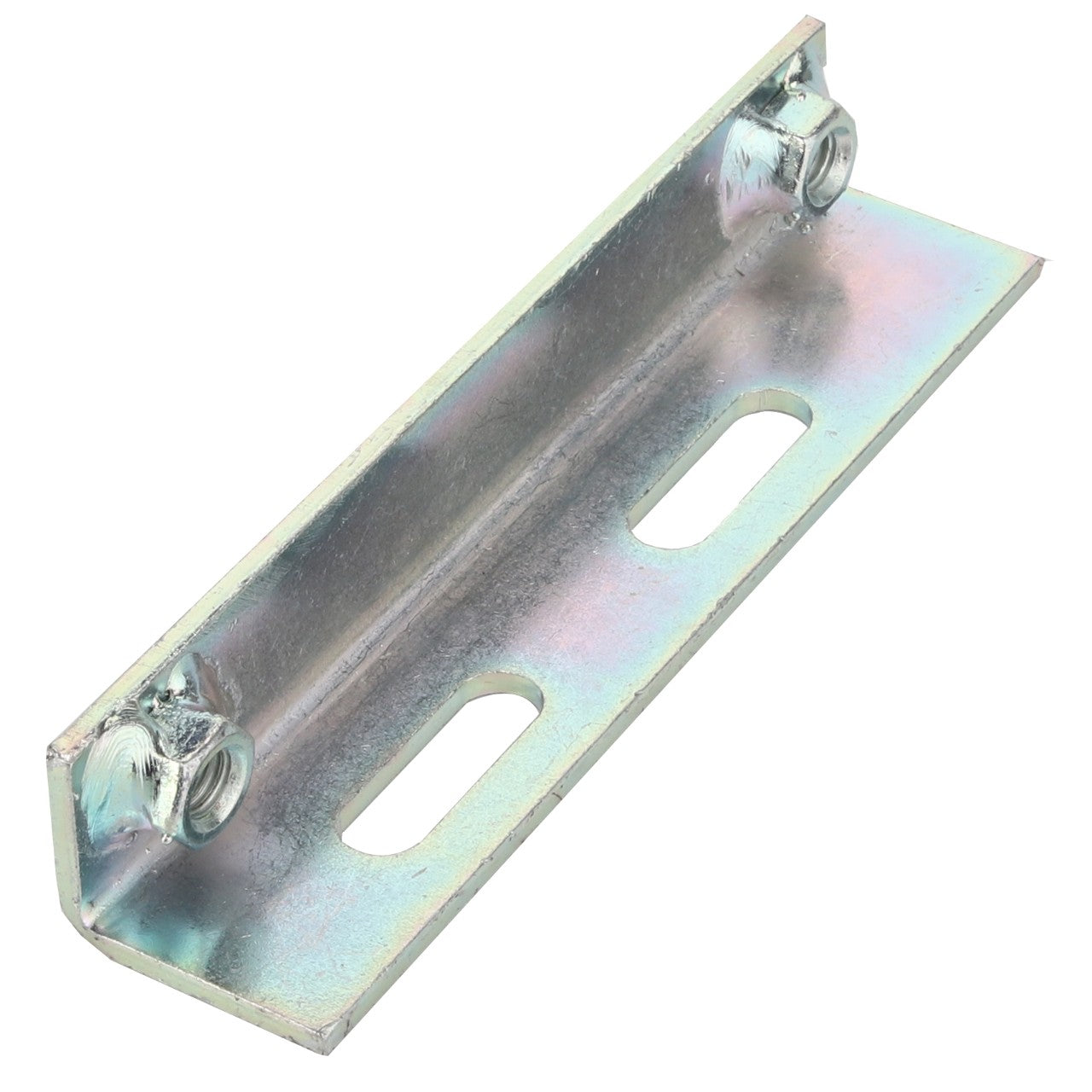 The AGCO Bracket - La321996450 is a metallic L-shaped bracket featuring two elongated holes in the base for mounting and two nuts fastened at the top corners. Unfortunately, no current product description information is available.