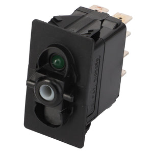 The AGCO SWITCH - D45050041 is a black, rectangular electrical switch featuring multiple metal prongs and a green indicator light. Detailed product description information is currently unavailable.