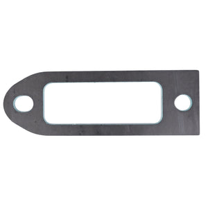 The AGCO Seal - F214202090110 is a metal plate featuring an oblong rectangular center cutout, with two circular holes on opposite ends for secure mounting.