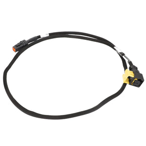 A black electrical wiring harness, labeled as the AGCO Jumper, Cleaning Shoe - Acw9093860 by AGCO, features connectors on both ends—one black and one yellow. No further product description is available for additional details.