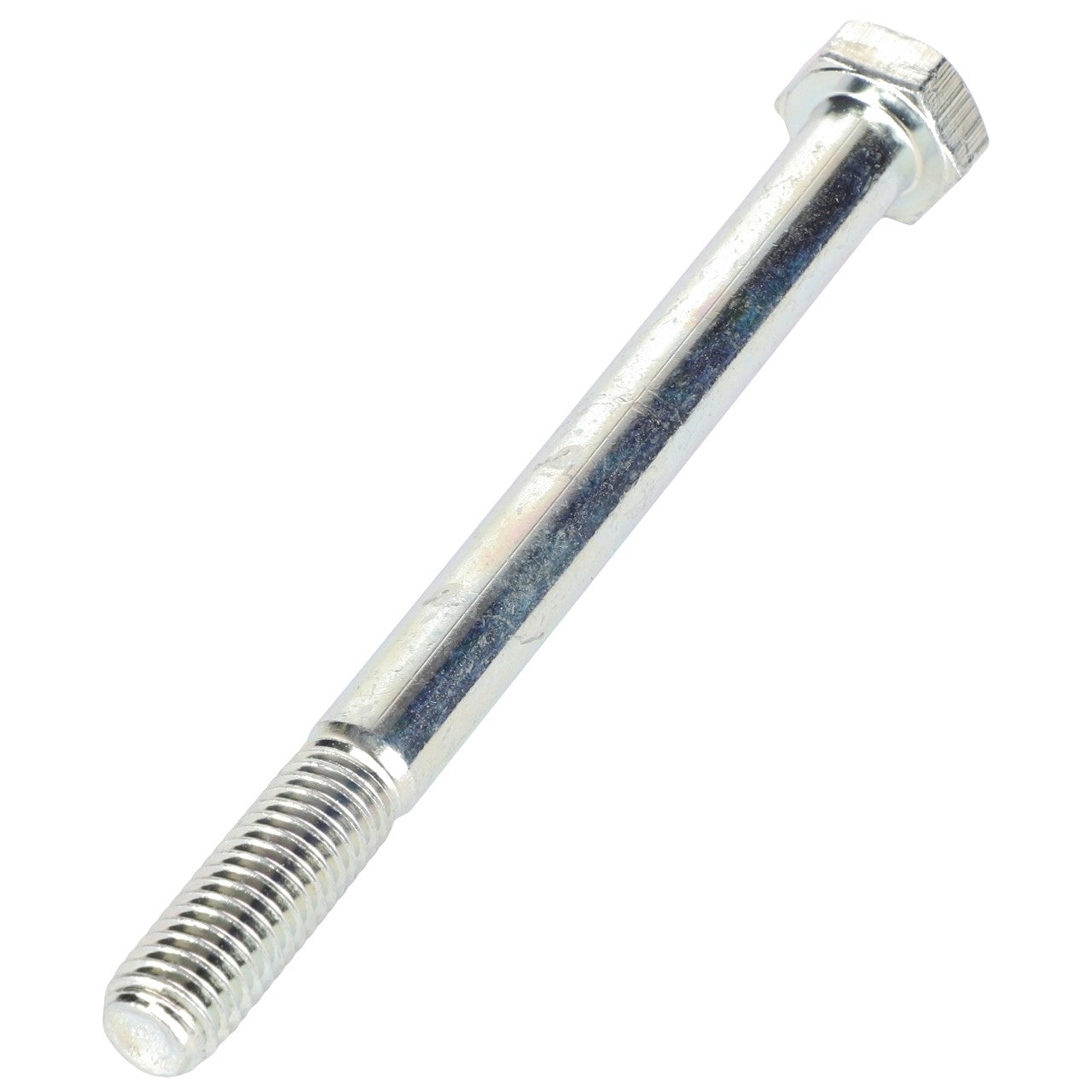 A close-up image of an AGCO SCREW - AL5002081, showcasing its silver finish with threading on one end and a smooth cylindrical shaft leading up to the hexagonal head.