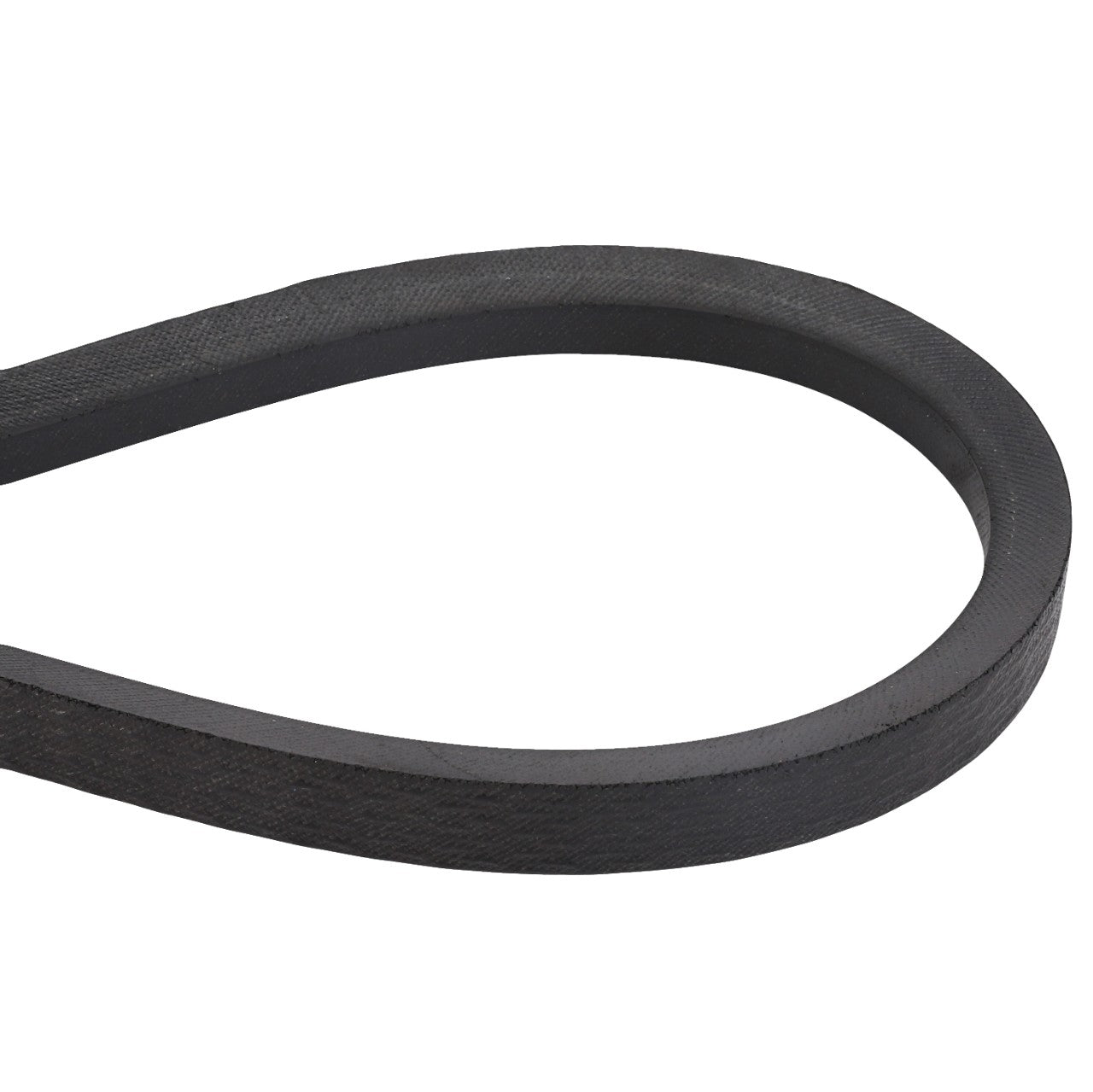 A close-up of a black rubber belt, the AGCO V Belt - D41964300, curved in a loop, commonly used in machinery and automotive engines.