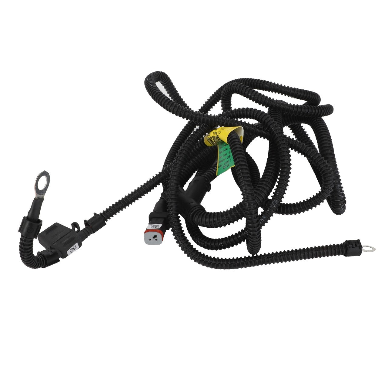 The AGCO Harness - Acw0605250 is a coiled black electrical wiring harness featuring connectors at both ends, some labeling, and a yellow tag.