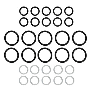 A collection of AGCO SEAL KIT Control Valve O-rings arranged in a pattern, featuring larger black rings centrally positioned and smaller white rings at the bottom. No current product description information is available.