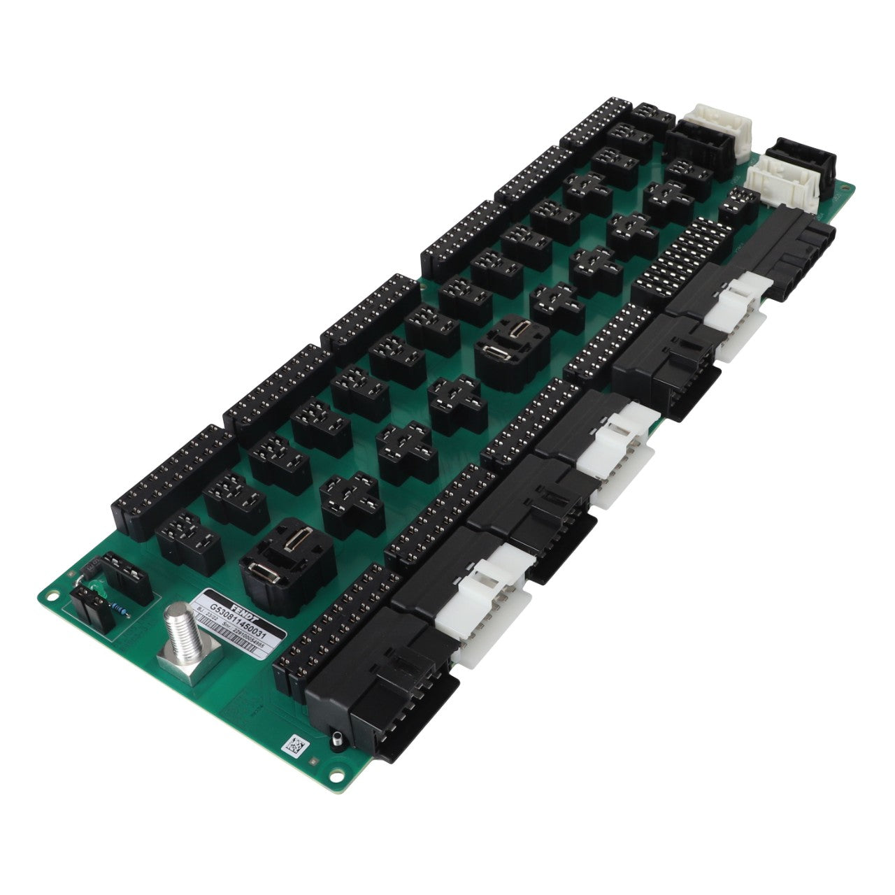 The AGCO Bearing Carrier - G530811450031, branded by AGCO, is a green circuit board equipped with multiple black, white, and brown electronic connectors and components. Currently, no additional product description information is available.