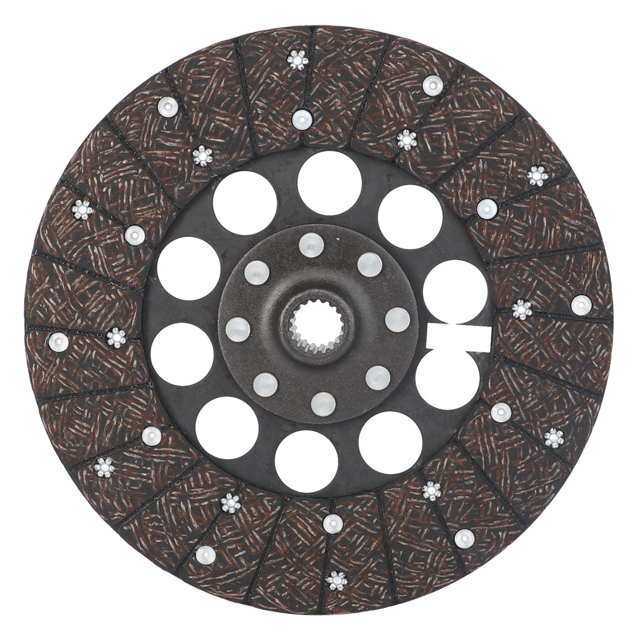 Close-up of the AGCO | CLUTCH DISC - V218080, featuring a round metal design with a toothed inner hub, multiple circular holes, and a textured pattern on the outer surface.