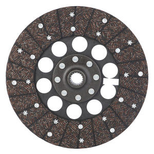 Close-up of the AGCO | CLUTCH DISC - V218080, featuring a round metal design with a toothed inner hub, multiple circular holes, and a textured pattern on the outer surface.