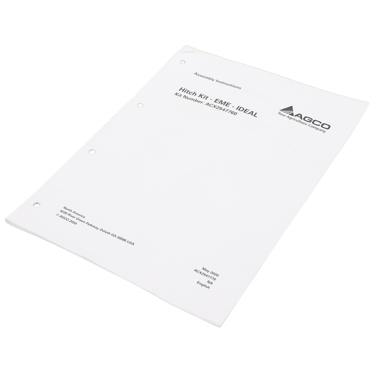 The AGCO assembly instructions packet, named "AGCO | Assembly Instruction - Acx2547770" and branded by AGCO, features a white cover with holes for a binder and includes additional product and contact information at the bottom. Please note: No current product description information is available.