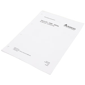 The AGCO assembly instructions packet, named "AGCO | Assembly Instruction - Acx2547770" and branded by AGCO, features a white cover with holes for a binder and includes additional product and contact information at the bottom. Please note: No current product description information is available.