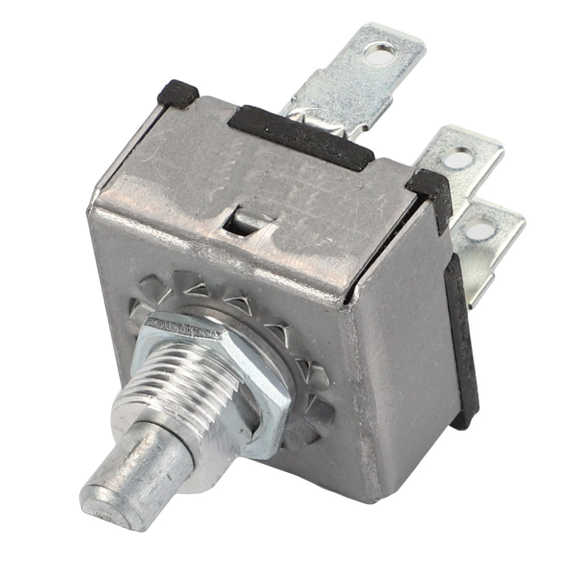 The AGCO Switch - Acw1871720 is a metal toggle switch featuring three prongs and a threaded mounting shaft. Currently, no additional product description information is available for this item.