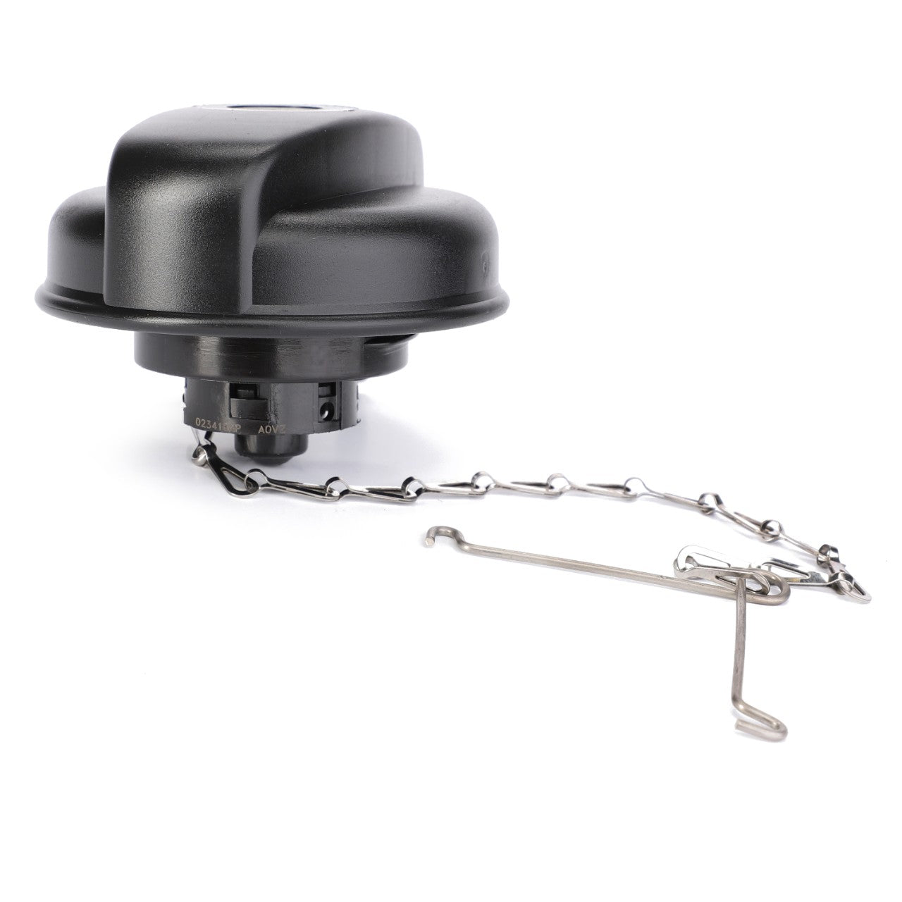 No current product description available for the AGCO Fuel Tank Cap - 4280585M1, a black plastic fuel cap with an attached metal chain and clip.