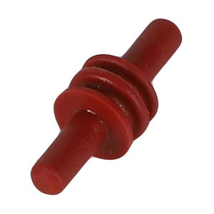 The AGCO CAVITY PLUG - AG517595 is a vibrant red, double-sided connector made of durable plastic, featuring two cylindrical ends and a central ring-like section.