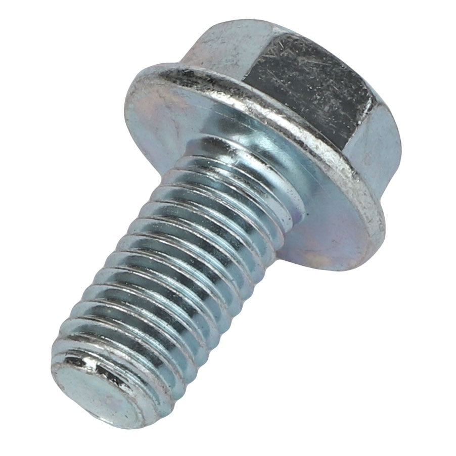 A close-up view of the AGCO SCREW - AL5005993, featuring a metallic hex bolt with a threaded shaft and washer-like flange below the head; its precision is unmatched by current product descriptions.