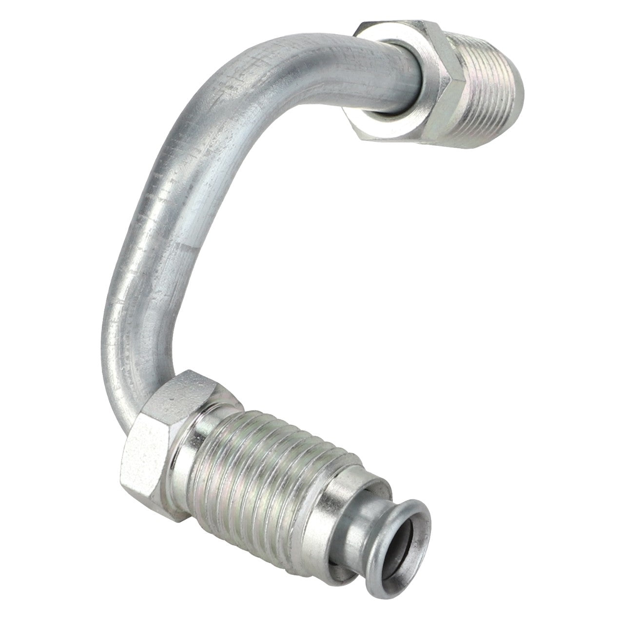 The AGCO Right Hand Tube - 3788081M1, a metal pipe fitting with a curved section and threaded ends, is essential for plumbing or mechanical connections in various applications. It is particularly ideal for integration with Valtra, Fendt, and Massey Ferguson models.