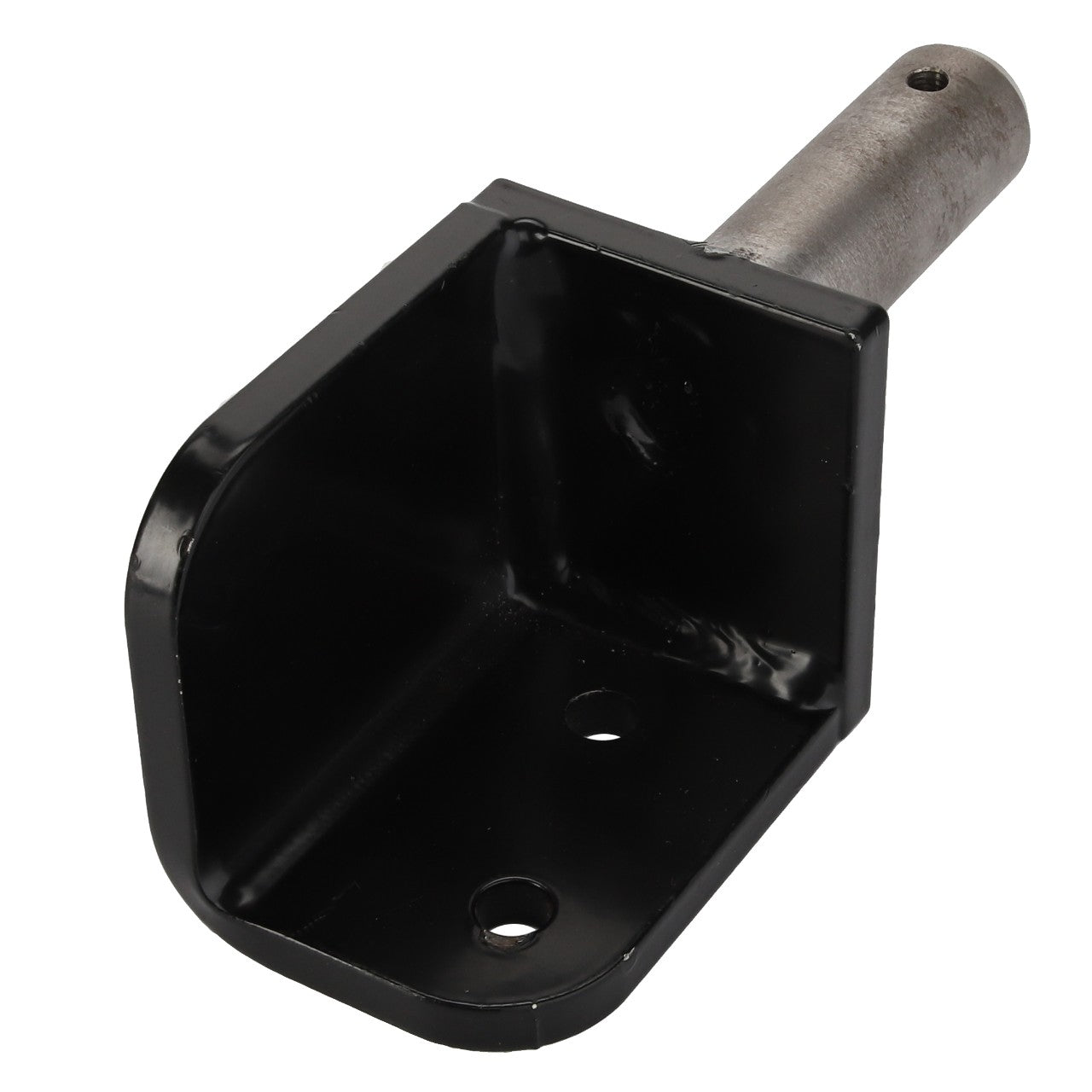 Introducing the AGCO Bracket - Acp0337290: a black metal bracket featuring two screw holes and a cylindrical attachment point. Brought to you by AGCO.