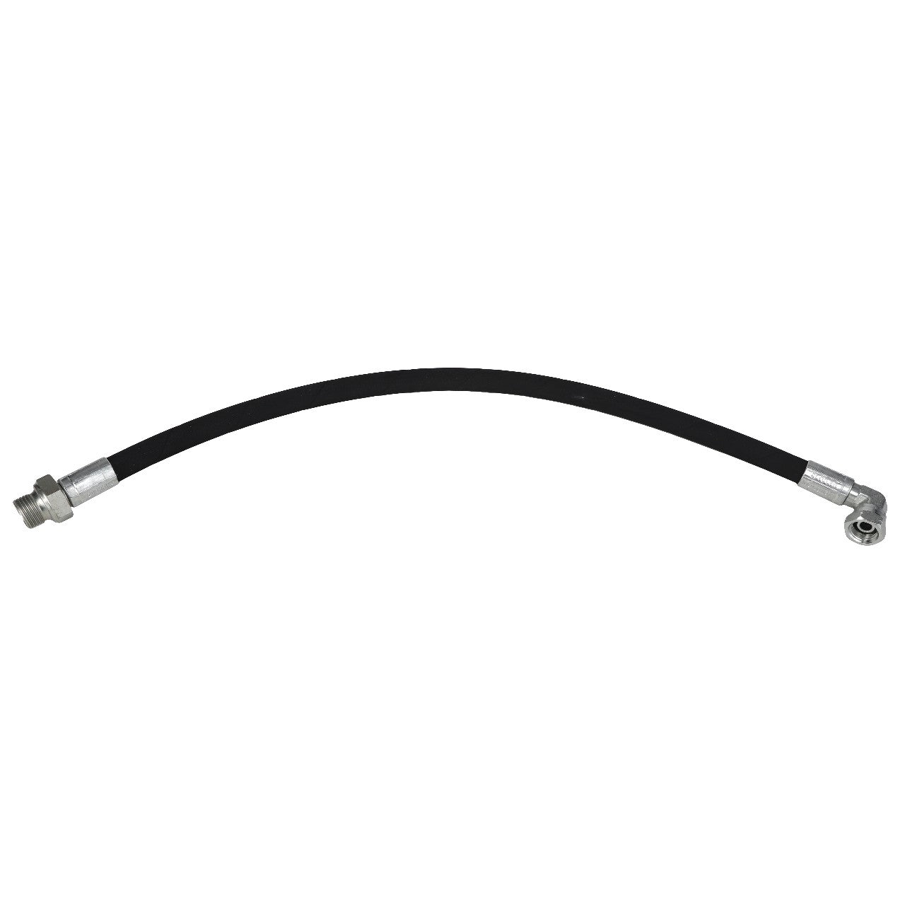 The AGCO | HYDR. HOSE - AL9032352 is a flexible black hose, measuring 599 mm in length, featuring 3/8" metal connectors on both ends—one straight and the other curved.