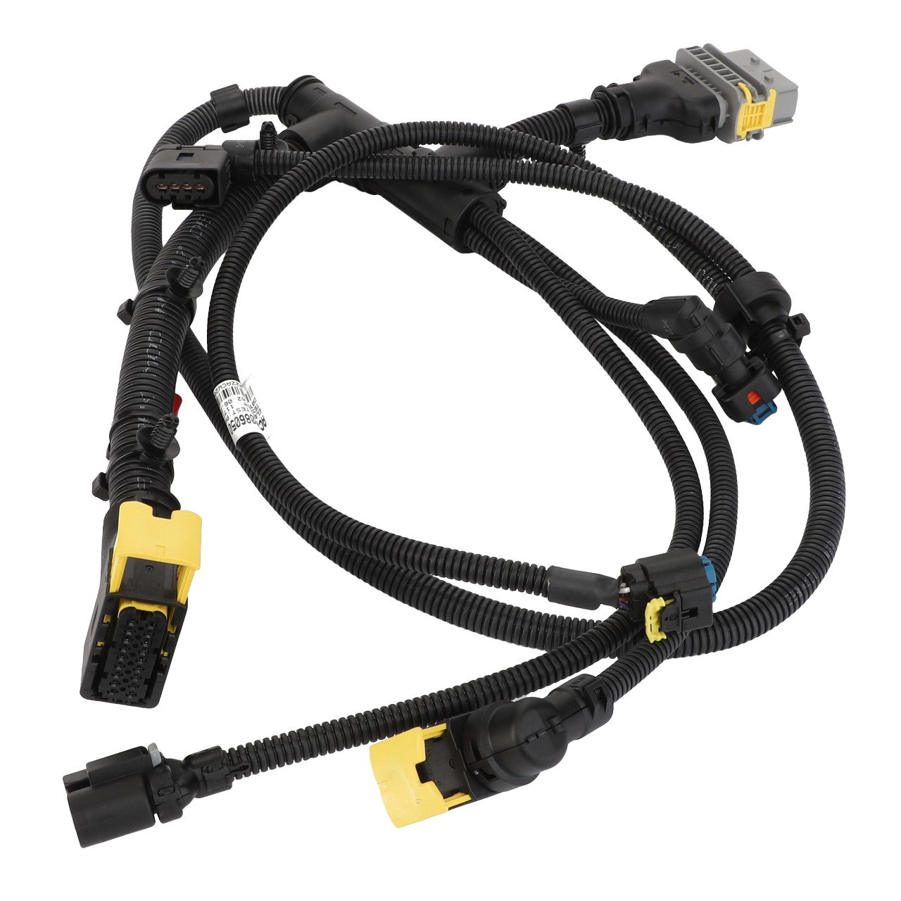 A complex AGCO Engine Wire Harness - Acw2086050, featuring multiple connectors and cables with yellow and black components, coiled on a white background. No current product description information is available.