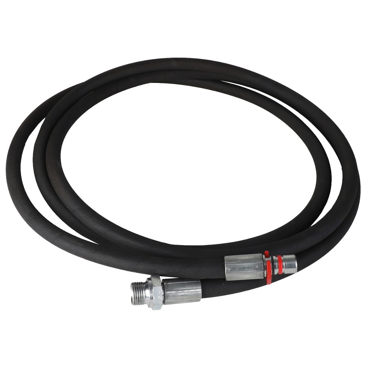 AGCO | HYDR. HOSE - AL9032606: A coiled black hose with metal connectors on both ends. No product description available.