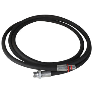 AGCO | HYDR. HOSE - AL9032606: A coiled black hose with metal connectors on both ends. No product description available.