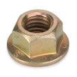 An AGCO Nut - Y704742 with a threaded interior, made of metal with a slightly tarnished bronze finish.