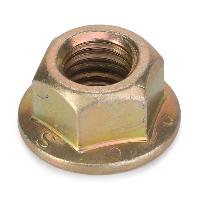 An AGCO Nut - Y704742 with a threaded interior, made of metal with a slightly tarnished bronze finish.