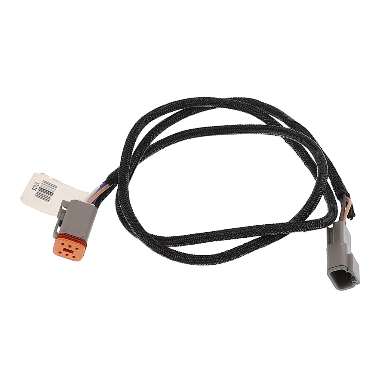 A coiled black harness with a gray connector on one end and an orange connector on the other, attached to a labeled tag. Product Name: AGCO | Harness - Acp0003490. Brand Name: AGCO. No product description available.