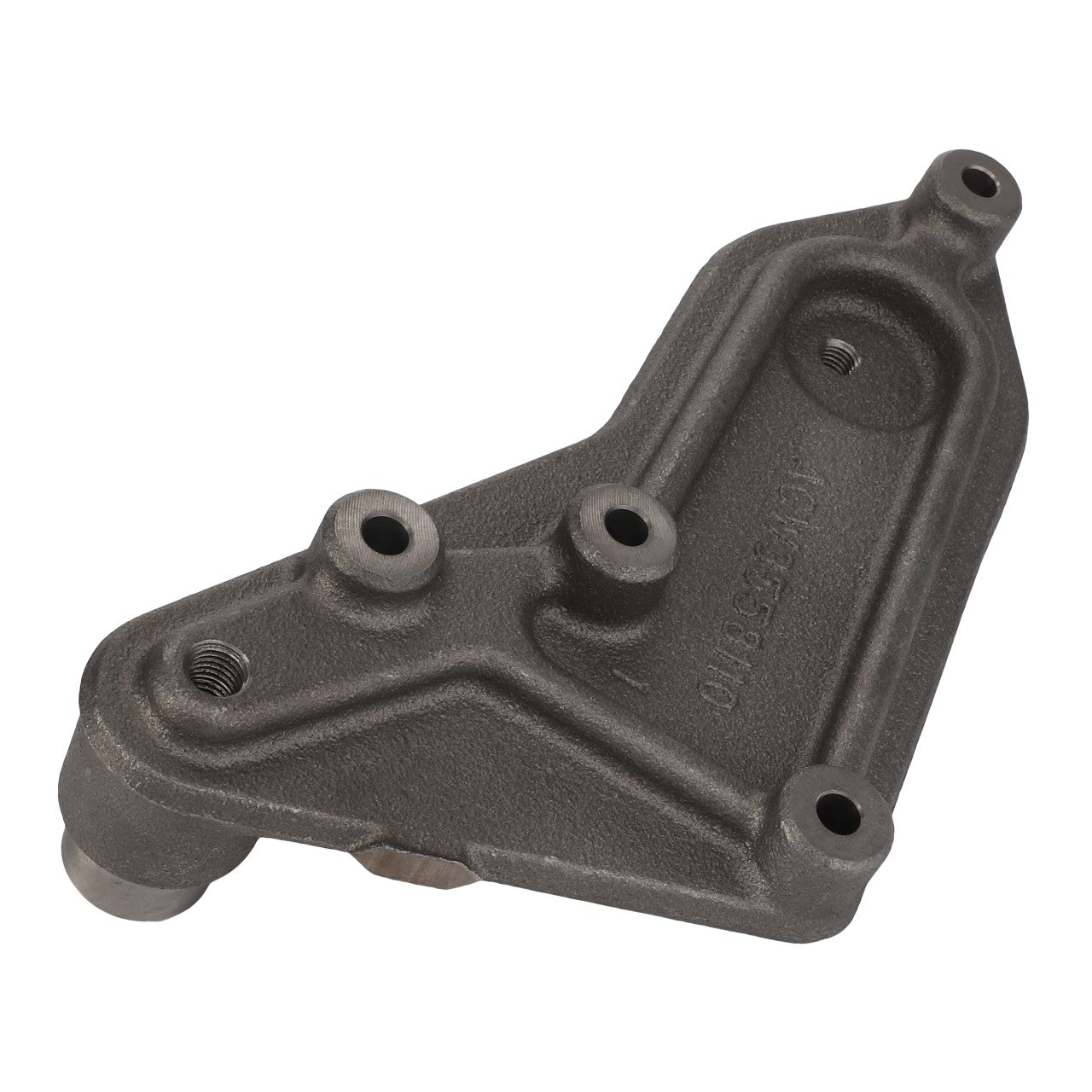 The AGCO Retaining Plate - Acw3558110 is a metallic, triangular industrial part featuring three circular attachment points, two visible threaded holes, and raised ridges. No current product description information is available.