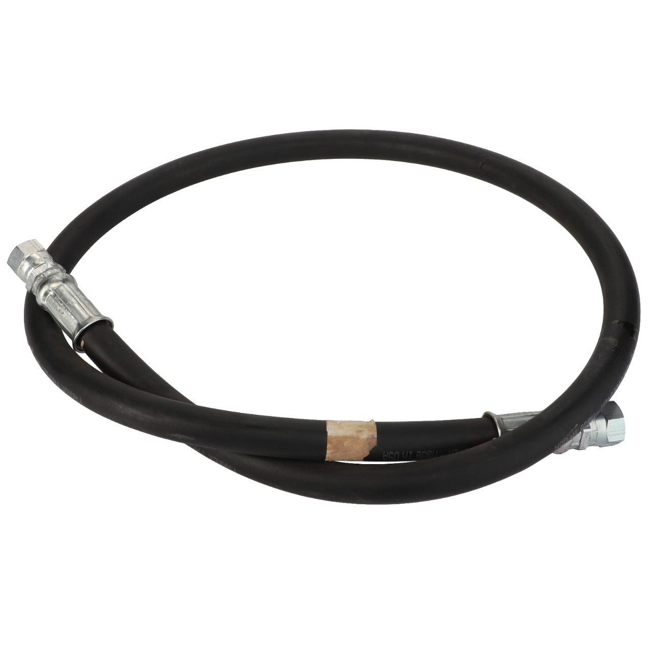 The AGCO Hydraulic Hose - Acp0005020 is a coiled black hose featuring metallic connectors at both ends. No current product description available.