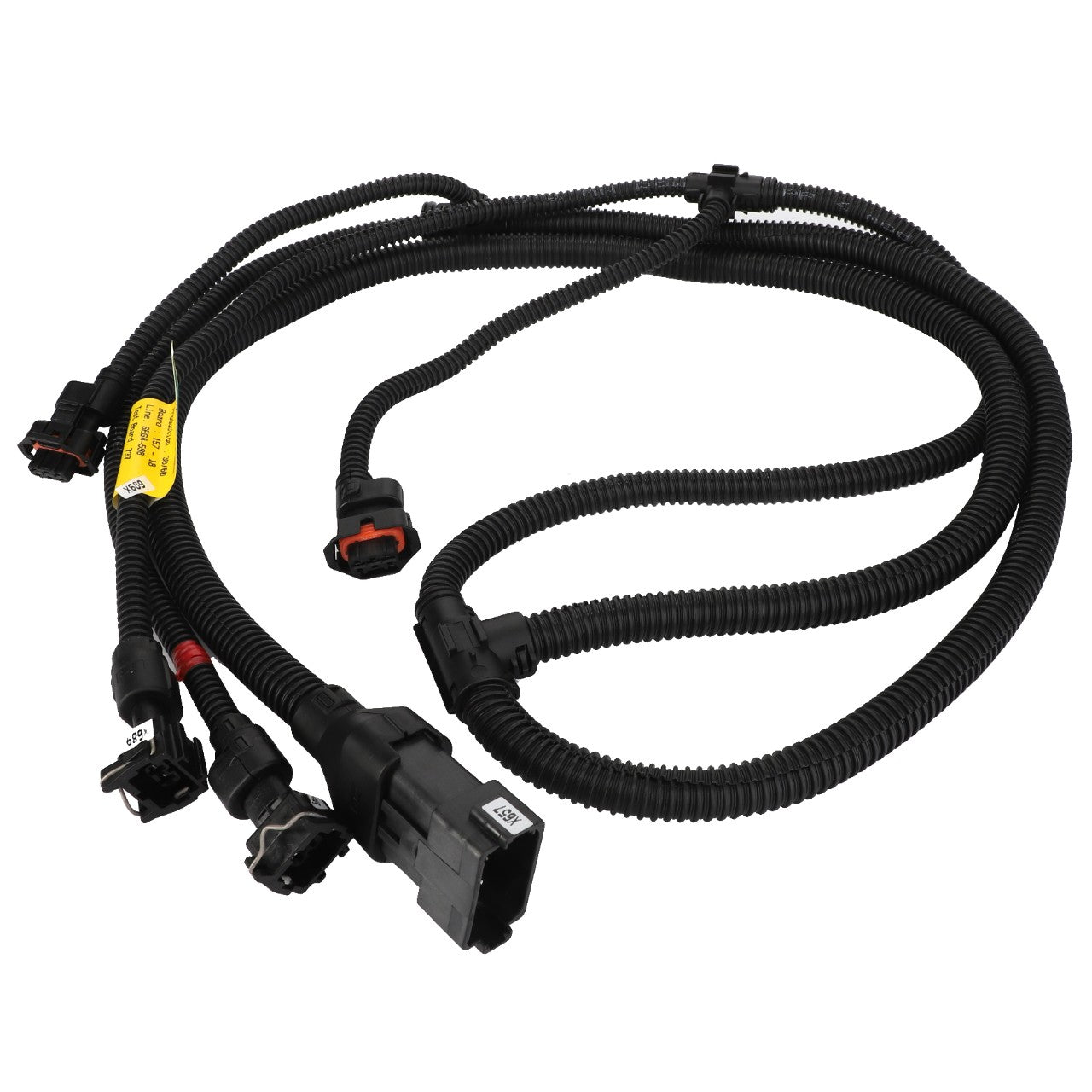 The AGCO | Harness - Acw060395A, a coiled automotive wiring harness by AGCO, is intricately designed for precision and features several connectors on each end.