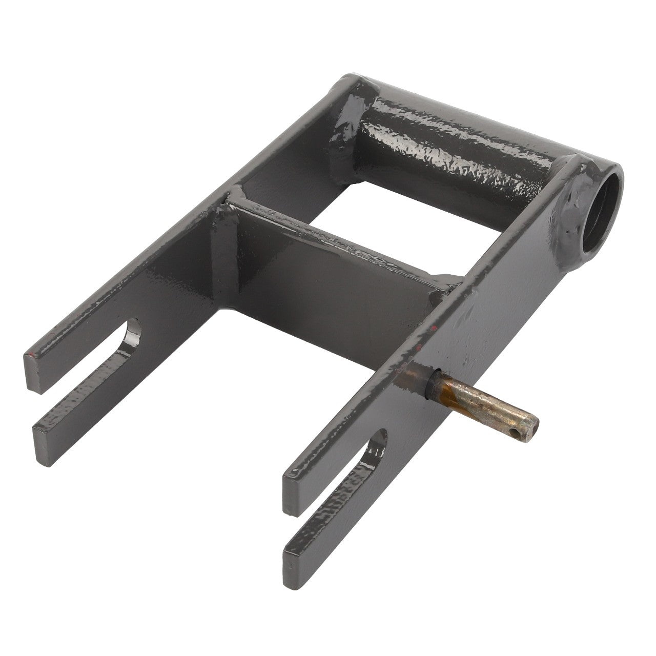 The AGCO | YOKE - ACY1177480 is a black metallic bracket featuring two prongs, a cylindrical connector at its base, and a protruding pin on one side. Note that the current product description information is unavailable.