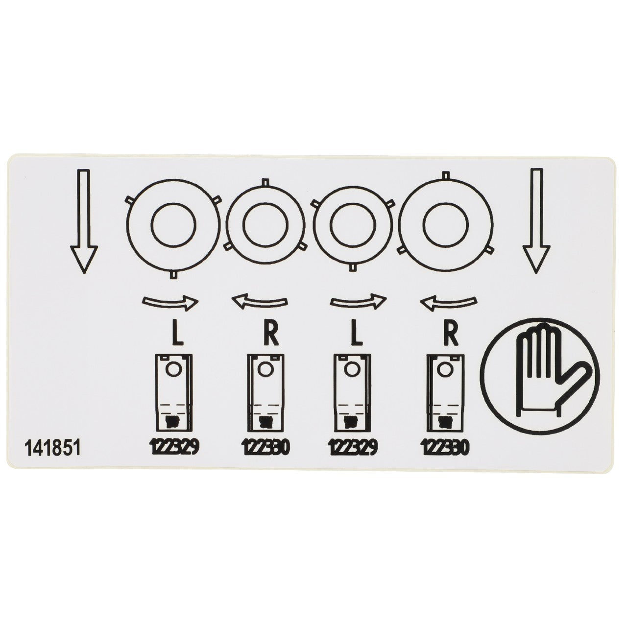 Diagram showing four circular objects with rotational arrows and two vertical binary switches labeled "L" and "R." There's also a hand symbol indicating to stop. Product Name: AGCO | Decal - Fel141851. Brand Name: AGCO. Number "141851" is at the bottom left.