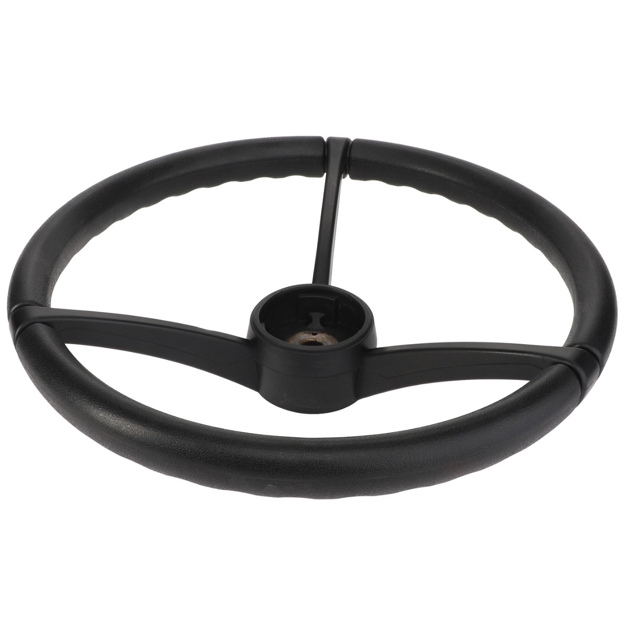 The AGCO | Steering Wheel - 4282439M4 by AGCO features a black design with three spokes and a central mounting hub, providing optimal control and a sleek, modern appearance.