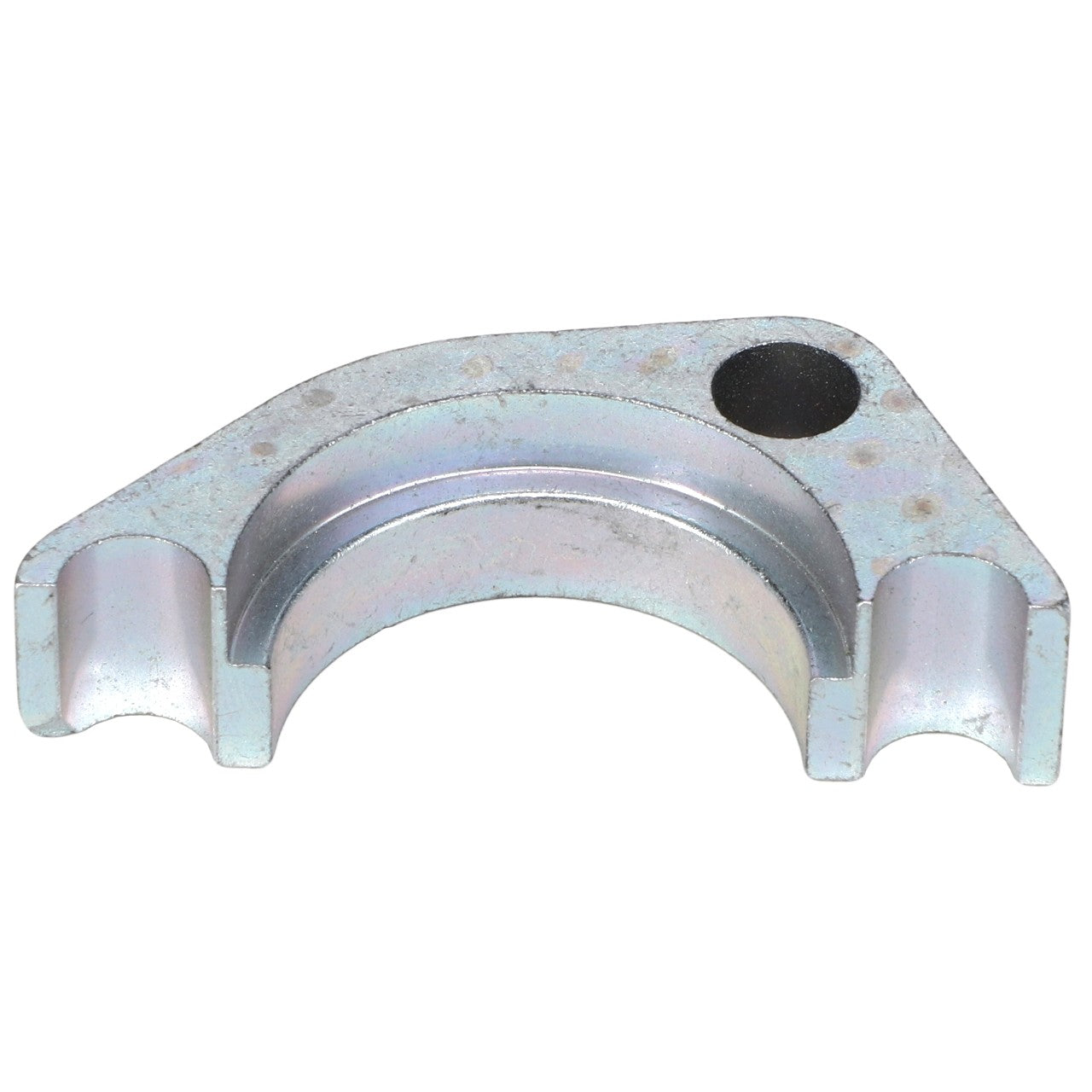 The AGCO FLANGE - CH8C-3206 is a metallic clamp featuring an arched center and a black circular mark on one side.