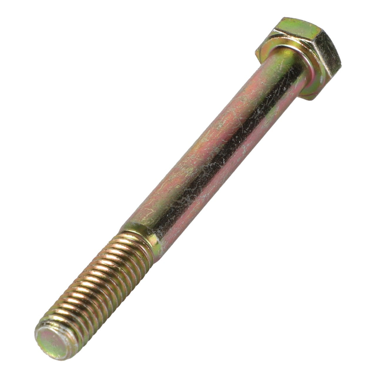 A metallic hexagonal head bolt with threaded and unthreaded sections on its shank. Product Name: AGCO | HEXAGONAL HEAD BOLT - AG550906 by Brand Name: AGCO. No current product description information is available.