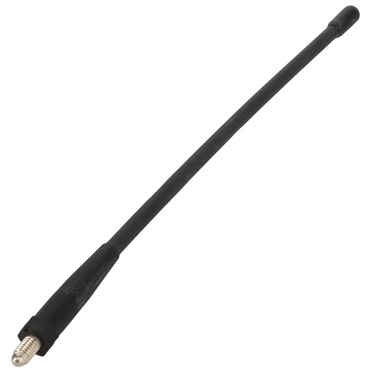 The AGCO | Antenna - Acw1384700 is a durable black whip antenna featuring a sleek silver threaded connector at one end, perfect for seamless installation.