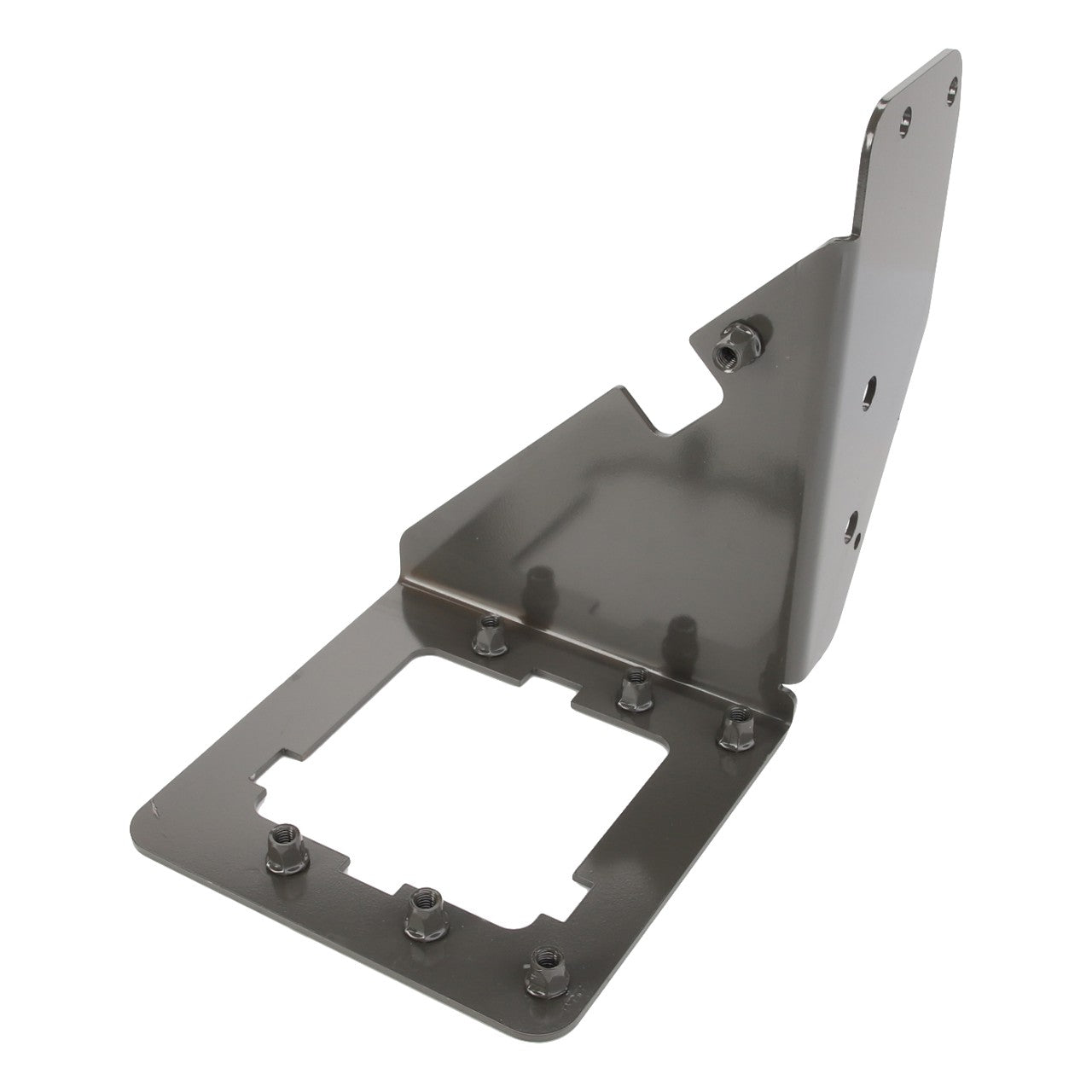 The AGCO Bracket - Acw2230210, an L-shaped metal component with multiple bolts and a rectangular cutout section, currently lacks a detailed product description.