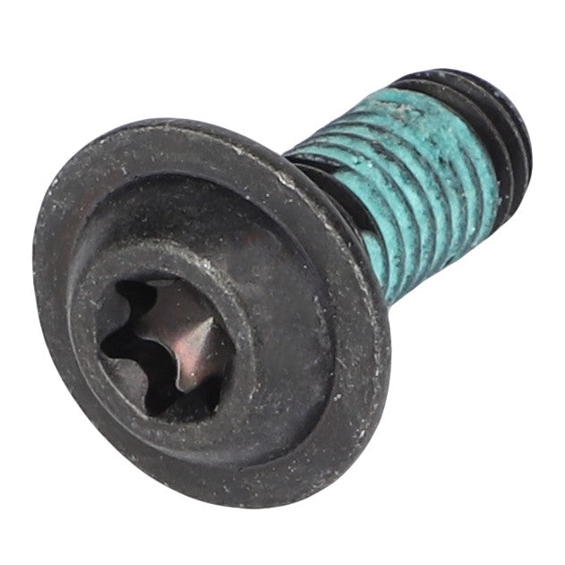 A close-up of the AGCO Button Head Screw - Acw7614930, featuring a black, threaded screw with a Phillips head and a blue coating on its threads, an IDEAL component for precision machinery.