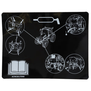 The AGCO | Decal - Acw2017590 features a black instructional diagram with white line drawings that detail the parts and assembly steps for a tractor. It includes illustrations of various components but lacks a current product description, making it essential to refer to the manual icon for detailed guidance.