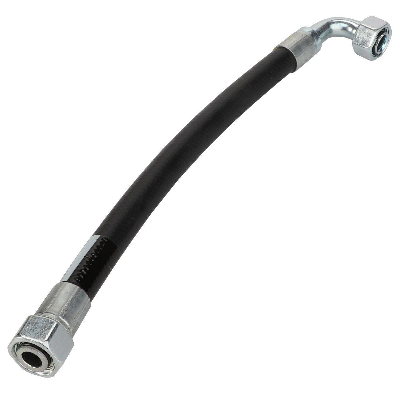 The AGCO HYDRAULIC HOSE - D45130037 is a flexible black hose with metal fittings, featuring a straight connector on one end and a 90-degree angled connector on the other. Please note that additional product details might be temporarily unavailable.