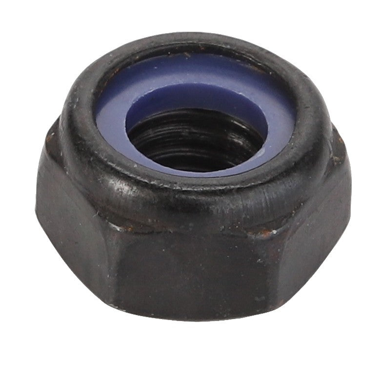 The AGCO | Hex Top Lock Nut - Acw4255900 is a black hexagonal lock nut featuring a blue nylon insert that prevents loosening.