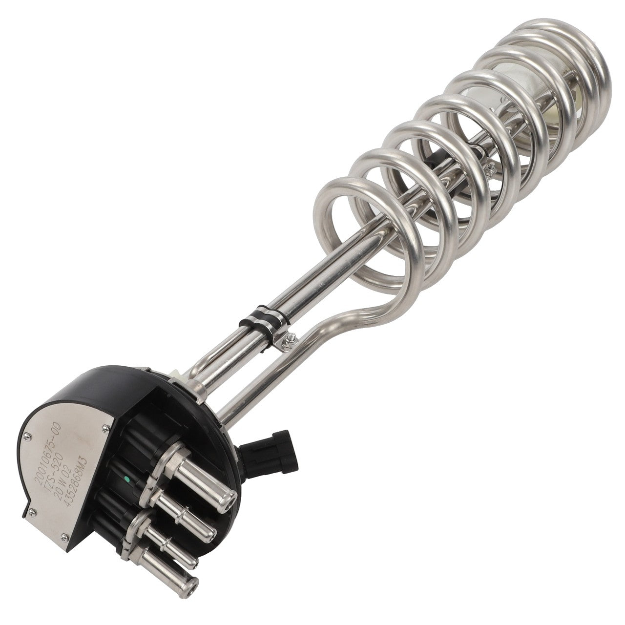 A coiled tubular heating element with a black and metallic base, compatible with Fendt Models and featuring multiple connectors, from AGCO's Def Sensor Tank - 4352868M3 product line.