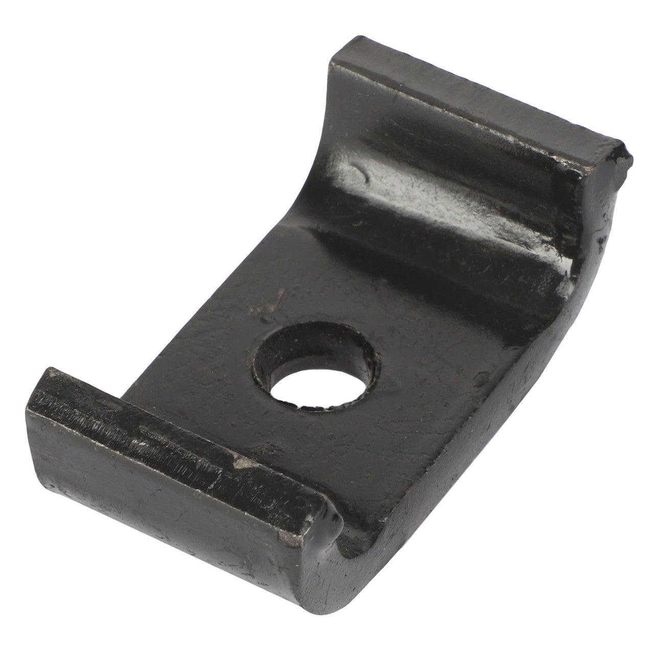 The AGCO CLAMP - AL144115 is a sleek black metal bracket featuring a central hole for easy mounting.