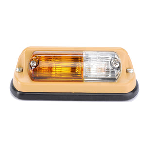 The AGCO Genuine Turn Signal Light for the right side, model F228900020020, features a rectangular amber and white lens with a beige casing and black base. It ensures safety and is secured with two screws.