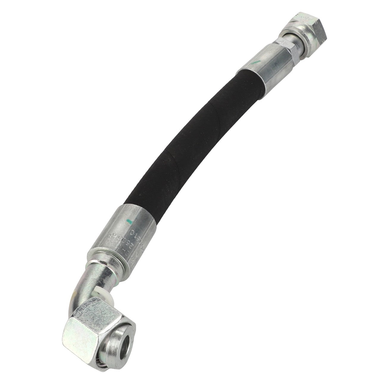 Introducing the AGCO | Hydraulic Hose - Acw2200610, a versatile and flexible hydraulic hose featuring durable metal connectors on both ends, including a 90-degree angled connector.