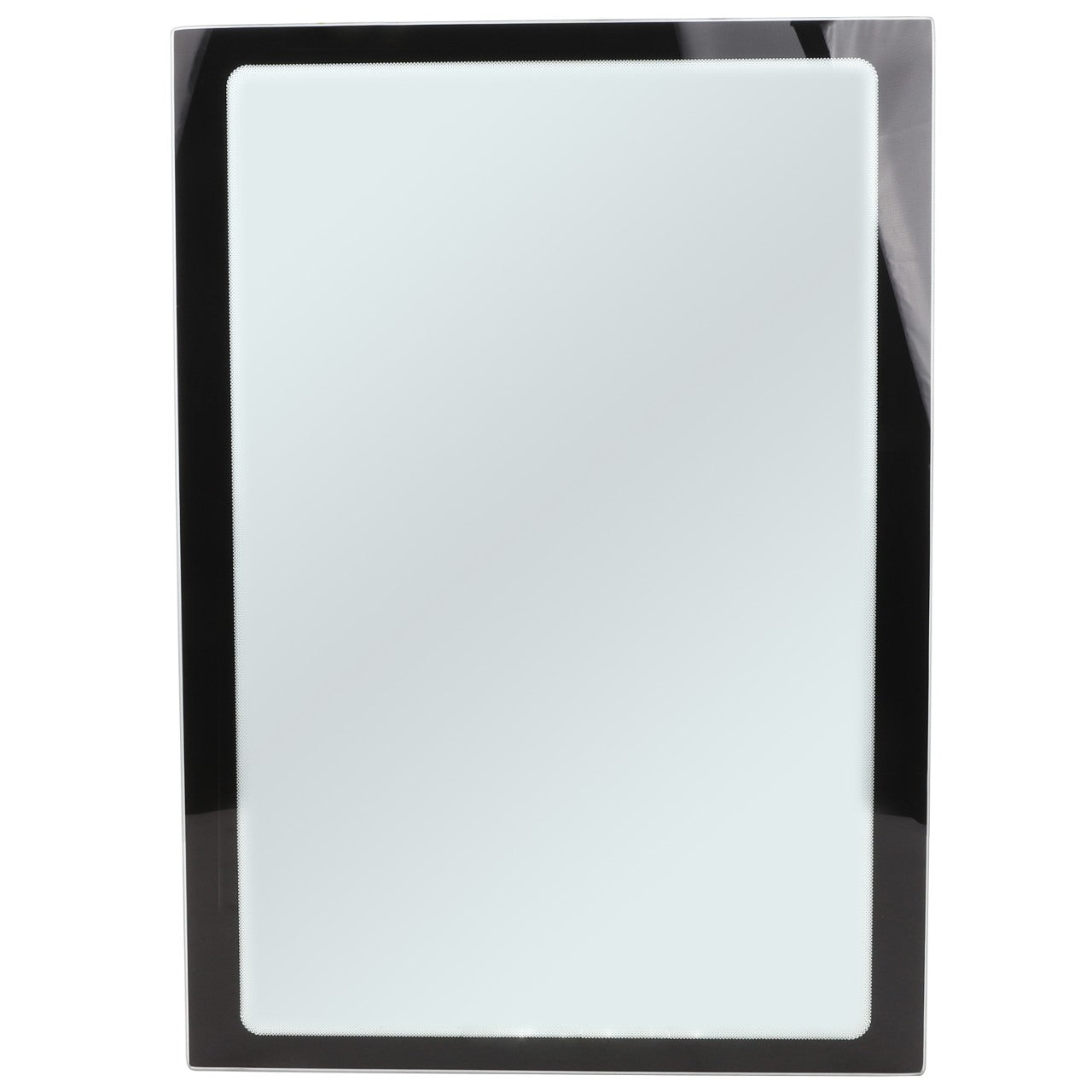 The AGCO WINDOW GLASS - AG718369, a rectangular mirror framed in black, stands out against a plain white background. The glass boasts a clean and reflective surface. No additional product description information is available at this time.