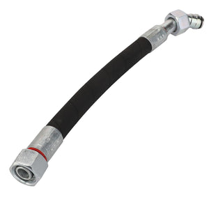 The AGCO | Hydraulic Hose - Acx2752730 by AGCO is a black, high-performance hydraulic hose featuring metal connectors on both ends and designed for abrasion resistance.