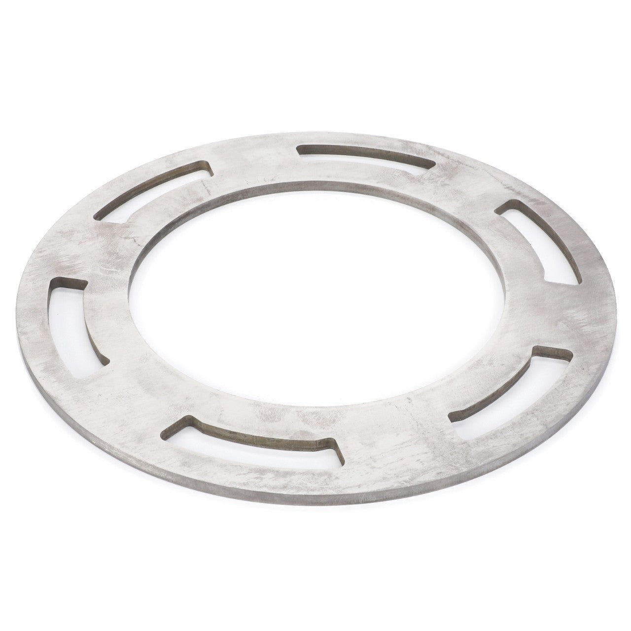 A round metal disc with evenly spaced rectangular cutouts near the inner edge, identified as AGCO | Support Plate - 3617343M1, used in Massey Ferguson models.