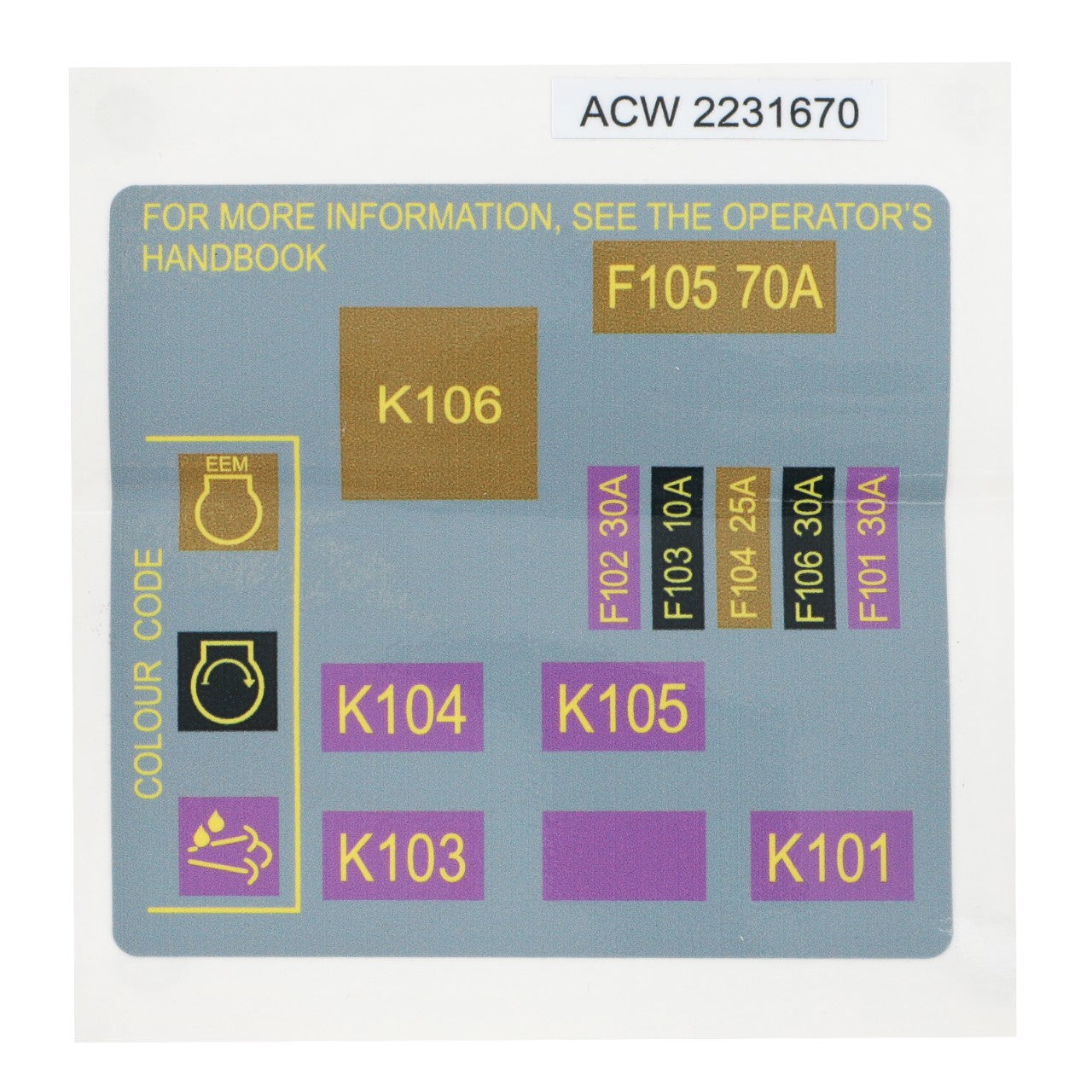 The AGCO Decal (code ACW 2231670) includes labels with codes K106, F105 70A, K104, K105, K103, K101, F102 30A, F103 30A, F104 25A, F106 30A, and F101 30A along with the EEM icon. It advises consulting the operator's handbook. There is no current product description information available.